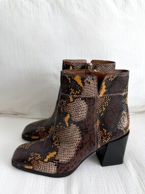 Brown Leather Snakeskin Print Square Toe Boots